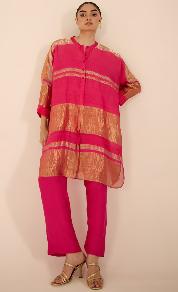 Baithak: Pink Tissue Kimono Set