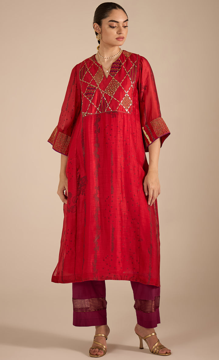 SAMAHAR: Red Cotton Silk Big Yok Kurta