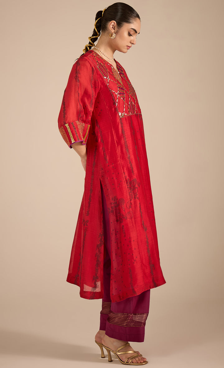 SAMAHAR: Red Cotton Silk Big Yok Kurta