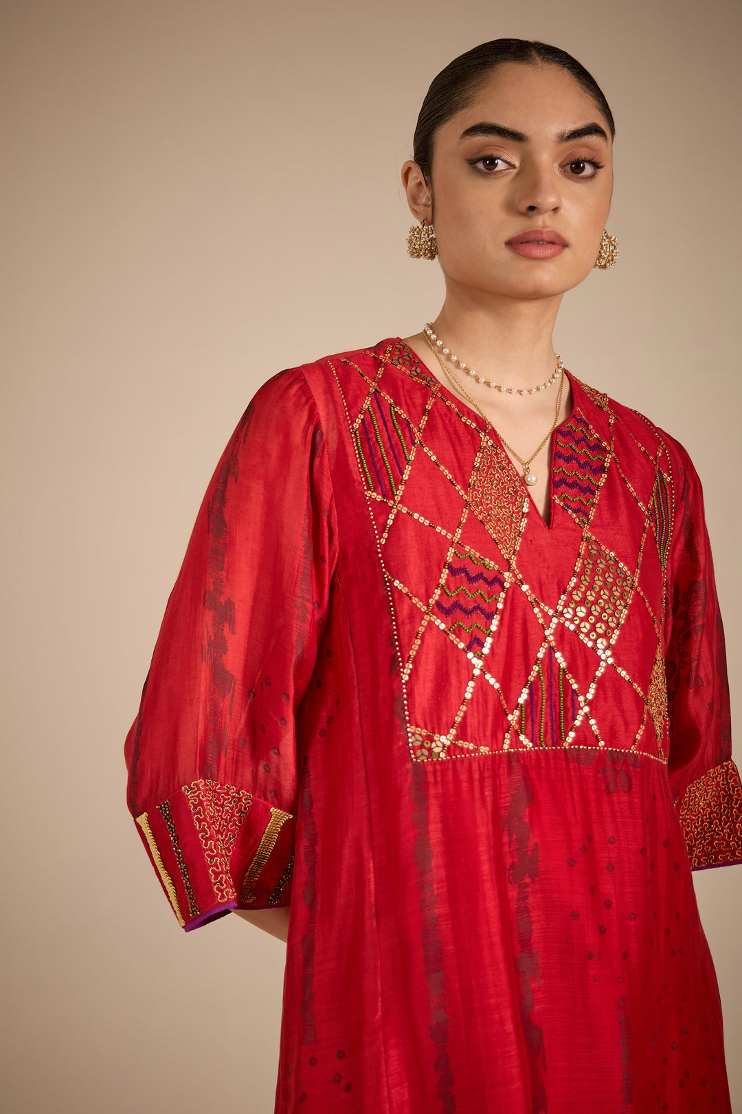 SAMAHAR: Red Cotton Silk Big Yok Kurta