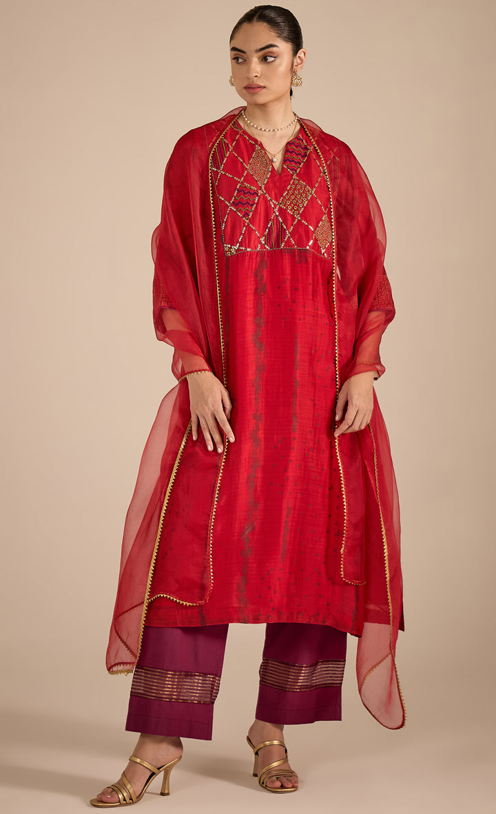 SAMAHAR: Red Cotton Silk Big Yok Kurta set