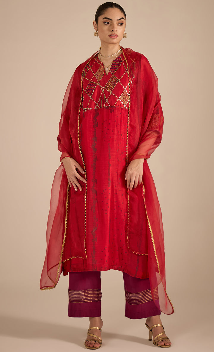 SAMAHAR: Red Cotton Silk Big Yok Kurta set