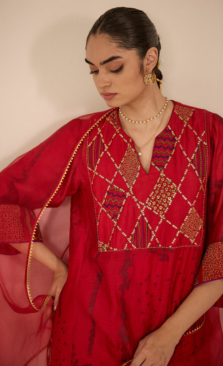 SAMAHAR: Red Cotton Silk Big Yok Kurta set