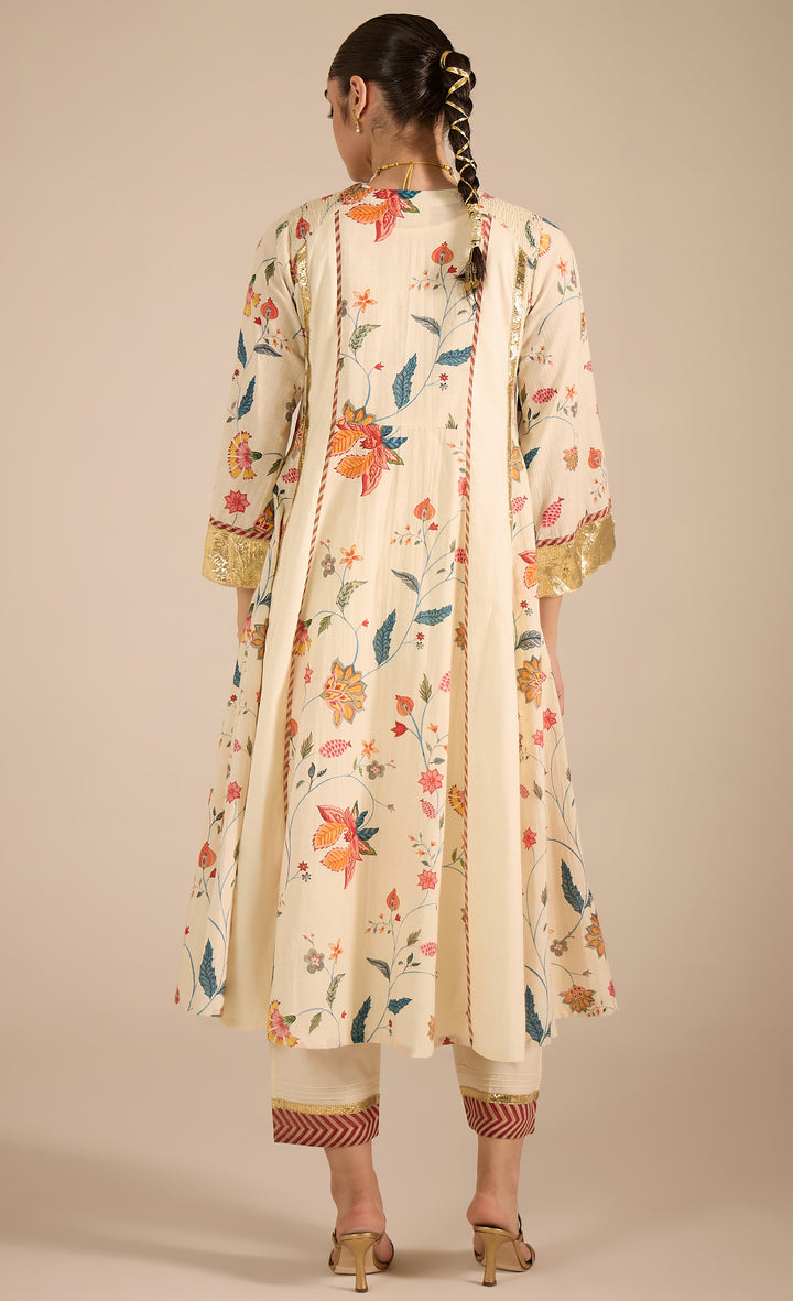 SAMAHAR: Ivory Chintz Cotton Silk Anarkali set