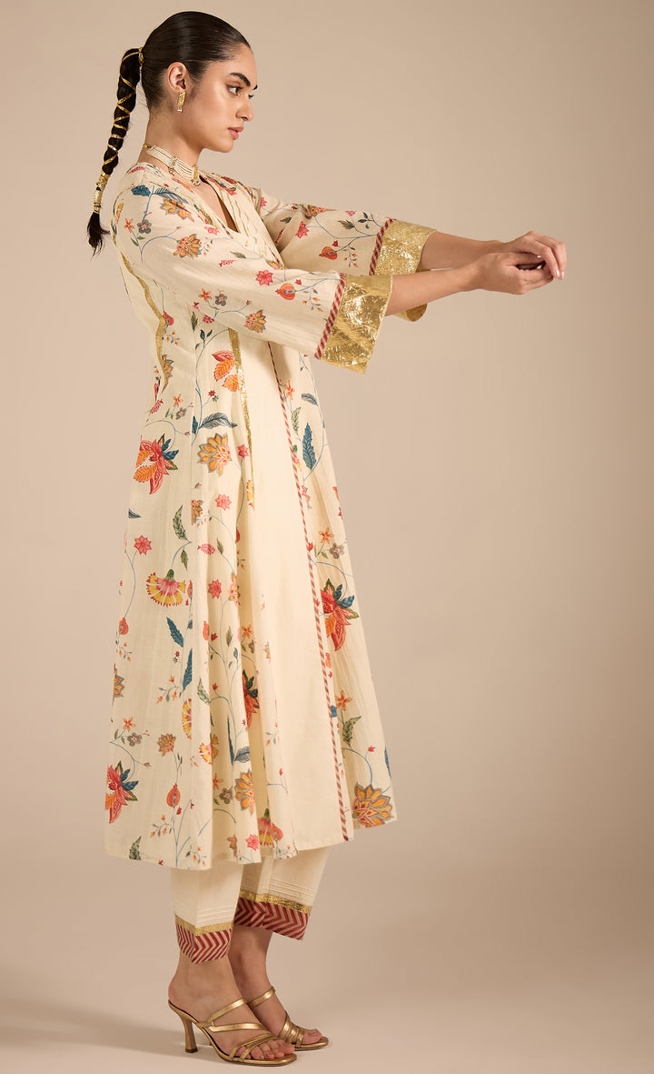 SAMAHAR: Ivory Chintz Cotton silk Anarkali
