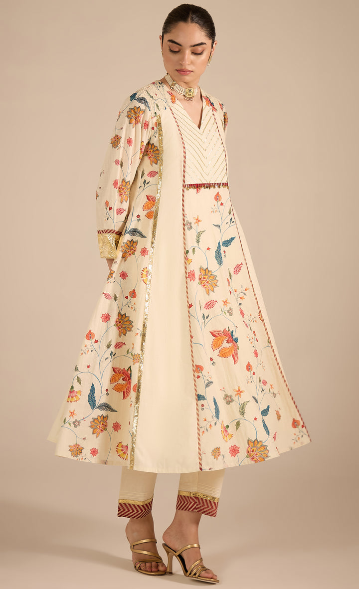 SAMAHAR: Ivory Chintz Cotton silk Anarkali