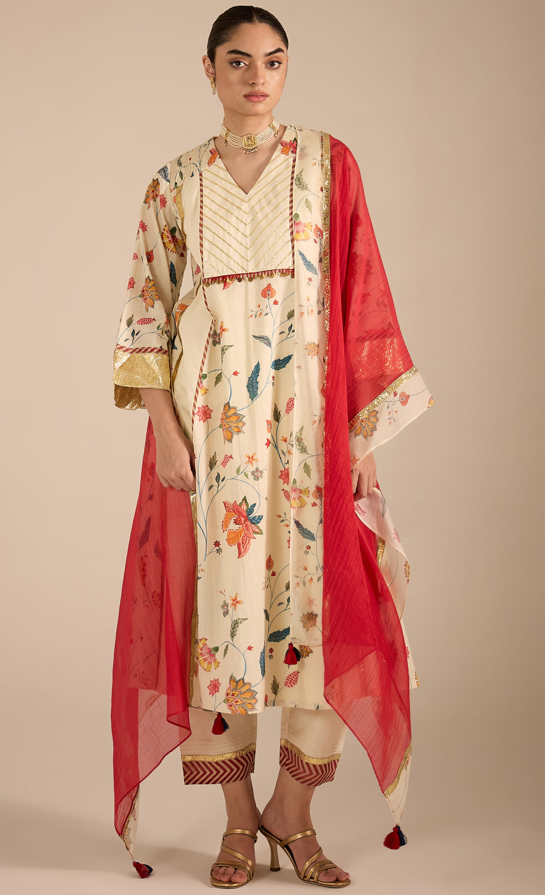 SAMAHAR: Ivory Chintz Cotton Silk Anarkali set