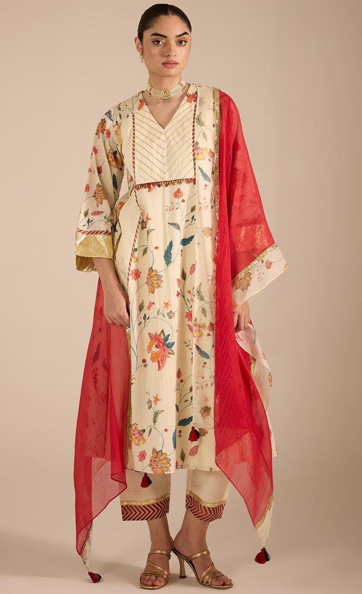 SAMAHAR: Ivory Chintz Cotton Silk Anarkali set