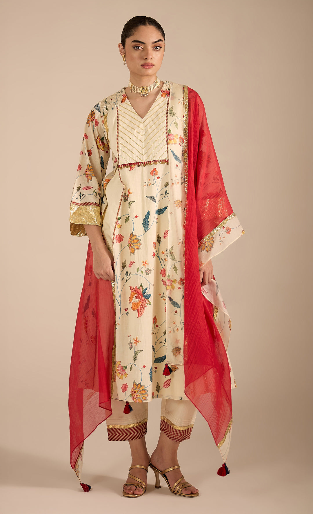 SAMAHAR:Coral Pink Dupatta with Chintz Border