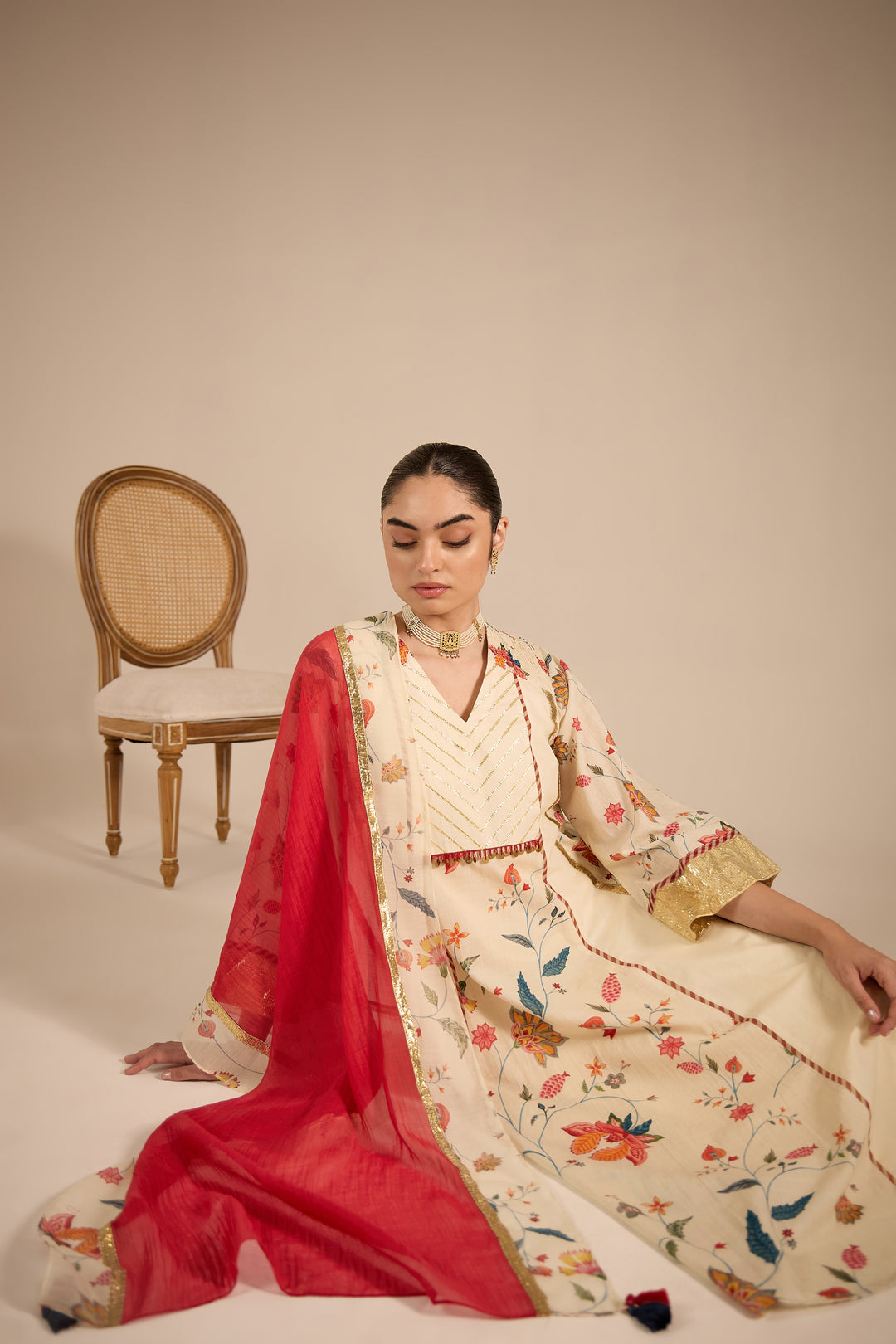 SAMAHAR: Ivory Chintz Cotton Silk Anarkali set