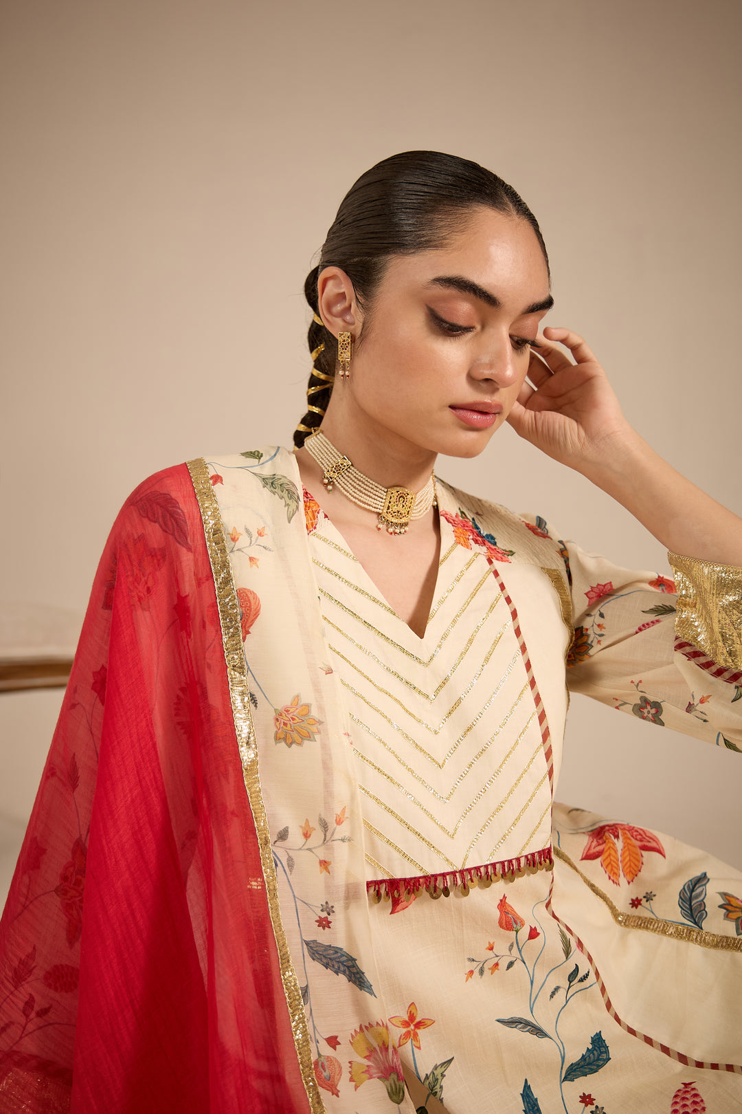 SAMAHAR: Ivory Chintz Cotton Silk Anarkali set