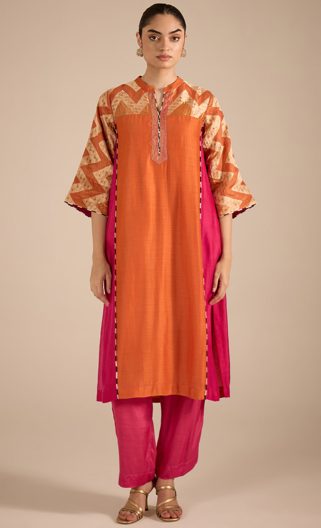 BAITHAK: Chevron Orange and Pink Kurta Set