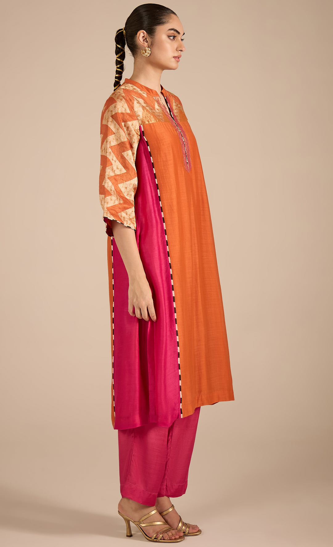 BAITHAK: Chevron Orange and Pink Kurta Set
