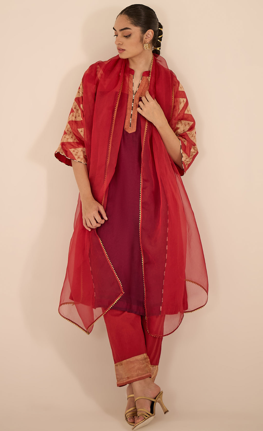BAITHAK: Chevron Red and Purple Kurta Set