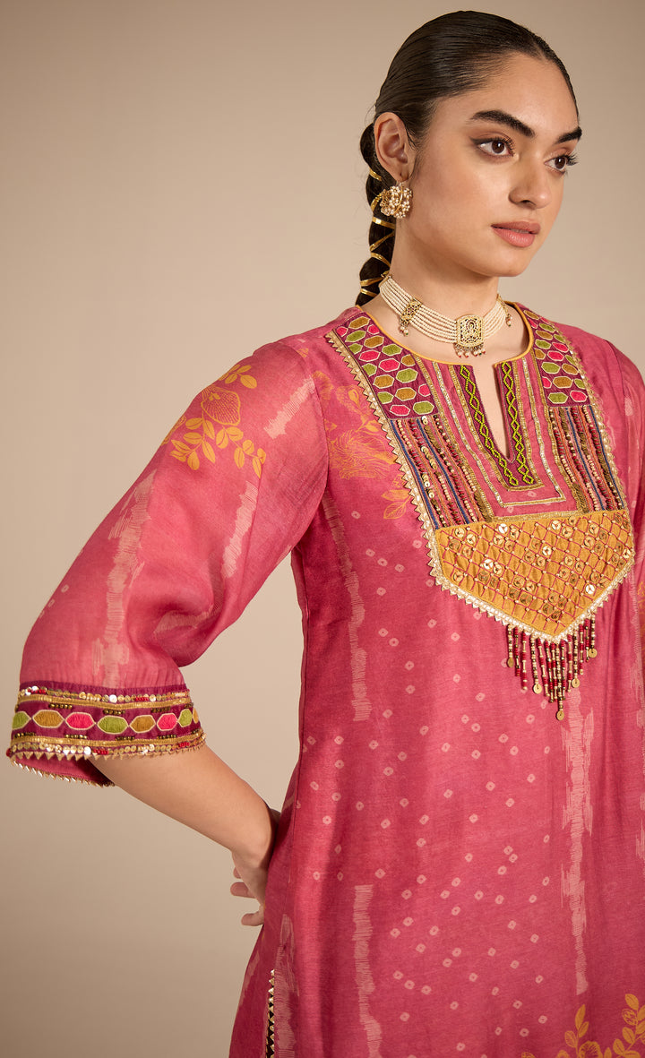 SAMAHAR: Blush Pink Cotton Silk Embroidered Short Kurta