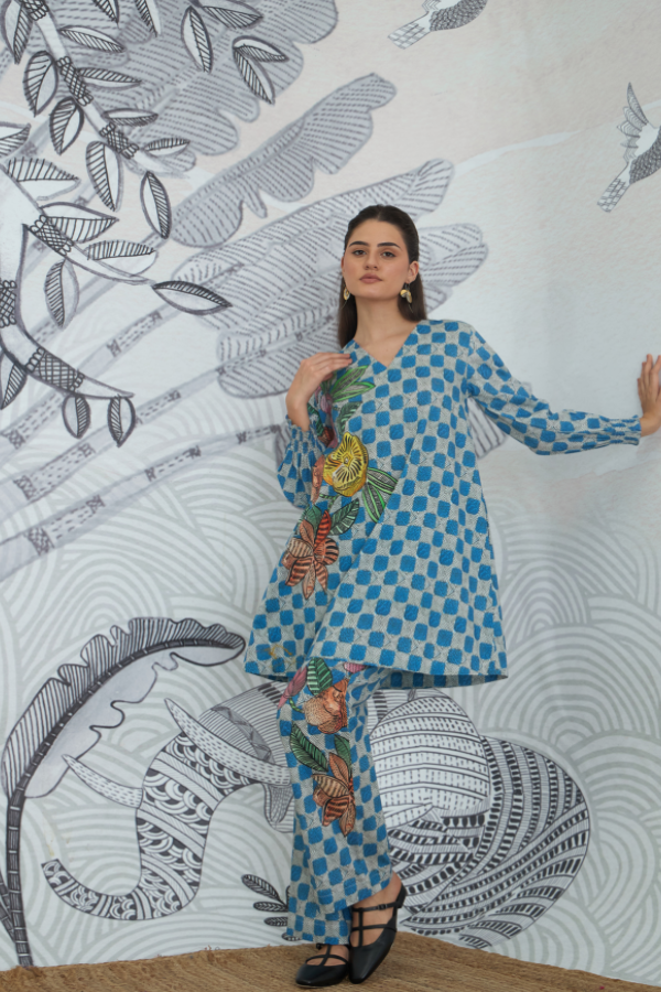 BLUE CHECK FLOWER CO-ORD SET