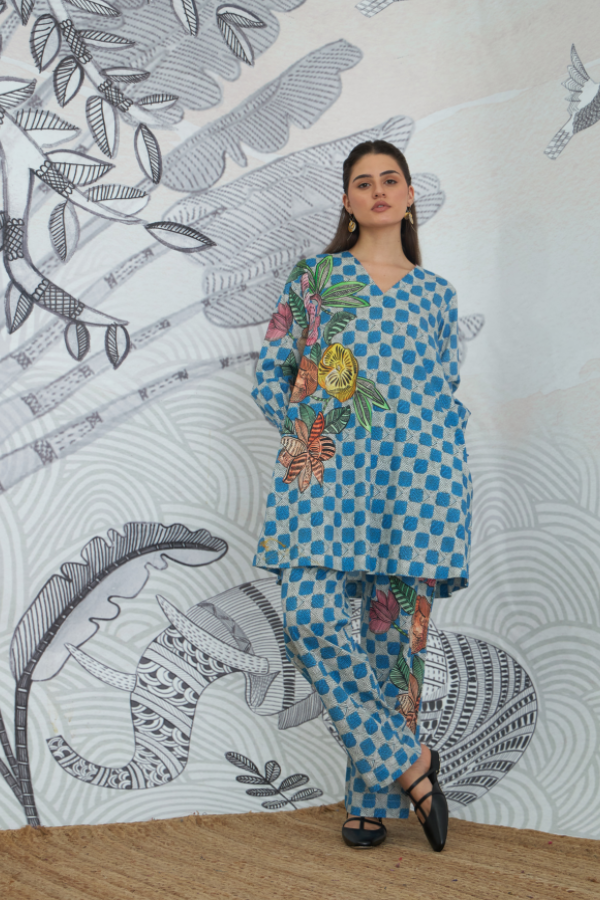BLUE CHECK FLOWER CO-ORD SET