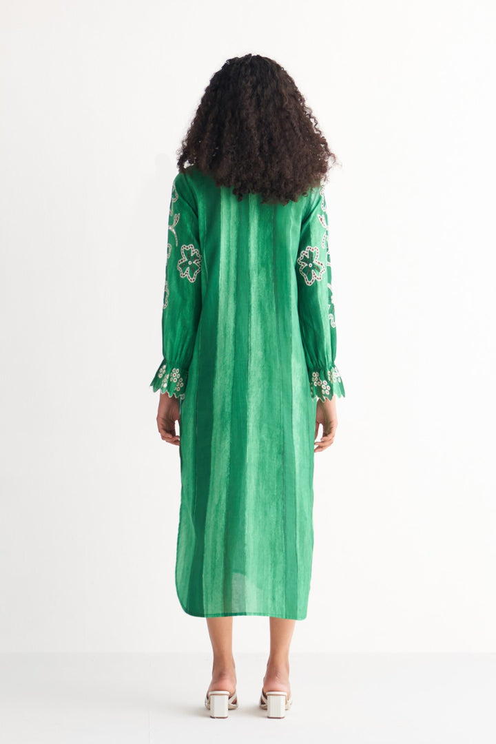Green Melange Cutwork & Crosss-stitch shirt dress
