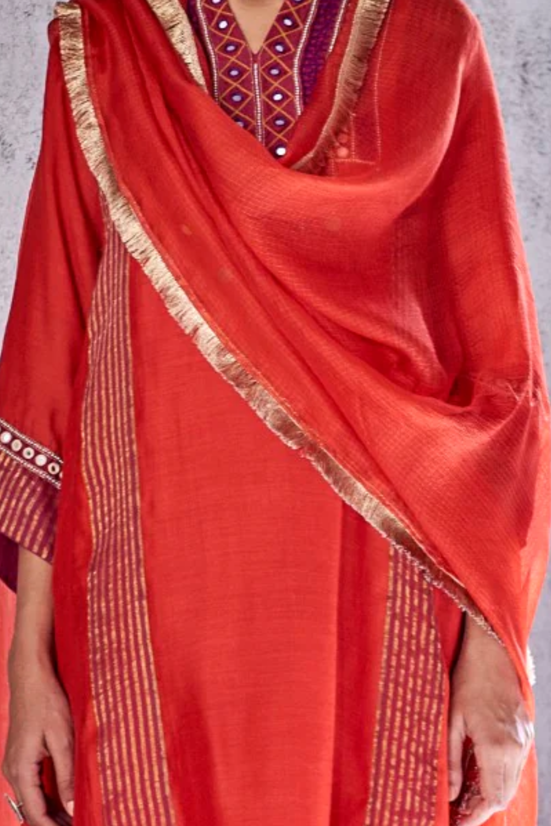 RED HANDWOVEN ZARI STRIPE CHANDERI EMBROIDERED LAXMI KURTA SET