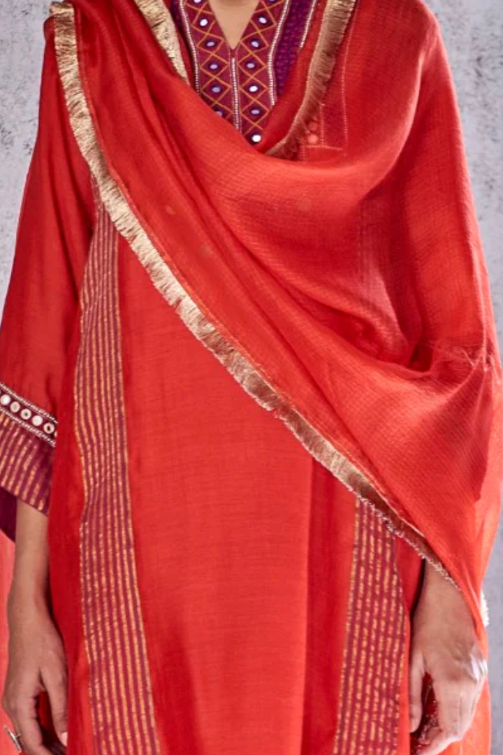 RED HANDWOVEN ZARI STRIPE CHANDERI EMBROIDERED LAXMI KURTA SET