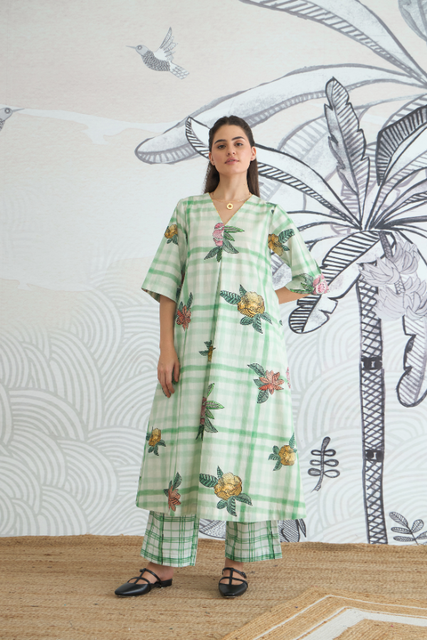 GREEN CHECK FLOWER ALL OVER A-LINE KURTA AND PANTS