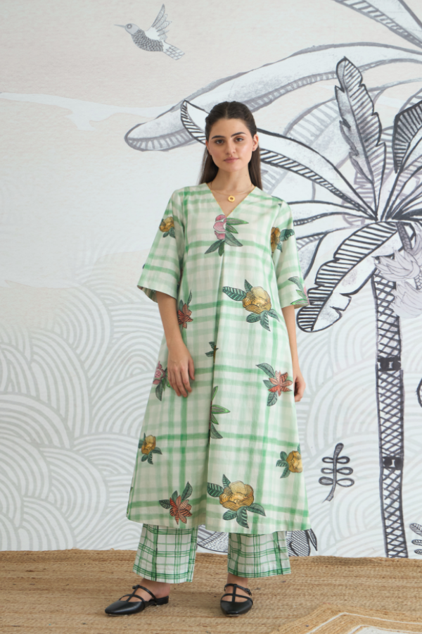 GREEN CHECK FLOWER ALL OVER A-LINE KURTA AND PANTS