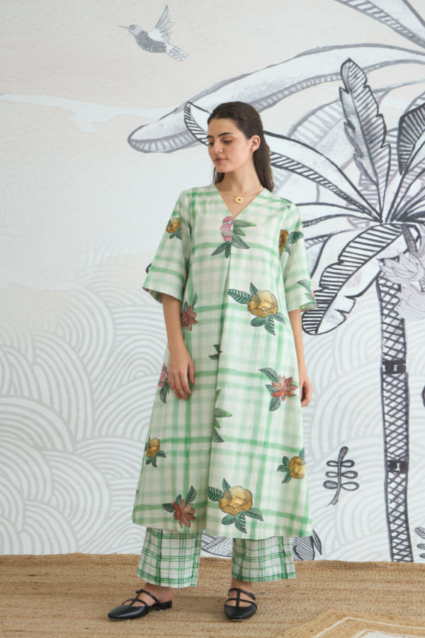 GREEN CHECK FLOWER ALL OVER A-LINE KURTA AND PANTS