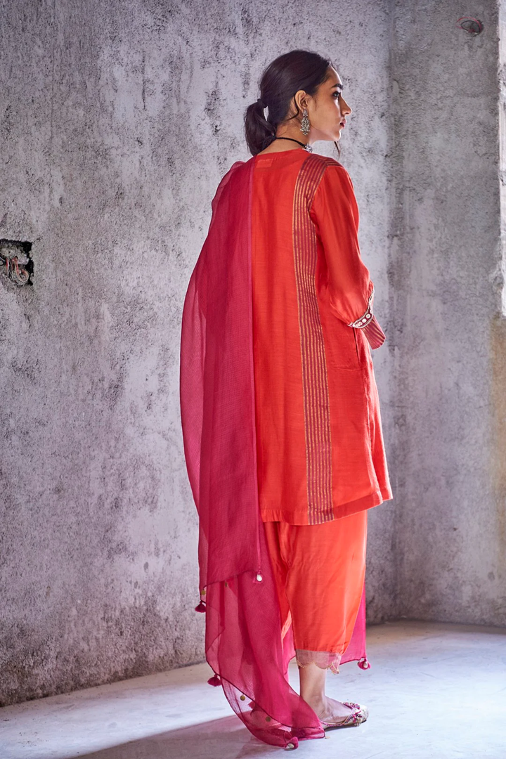 RED HANDWOVEN ZARI STRIPE CHANDERI EMBROIDERED LAXMI KURTA SET