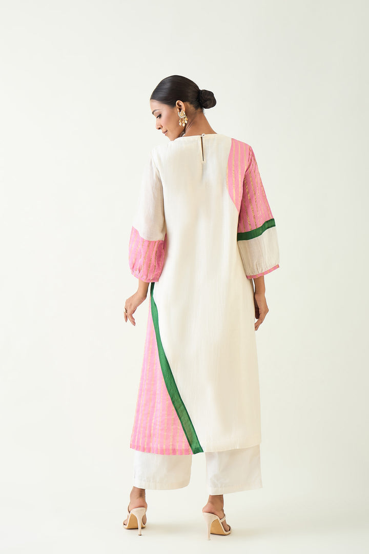 Mohini: Straight Cotton Silk Kurta - Ivory and Pink