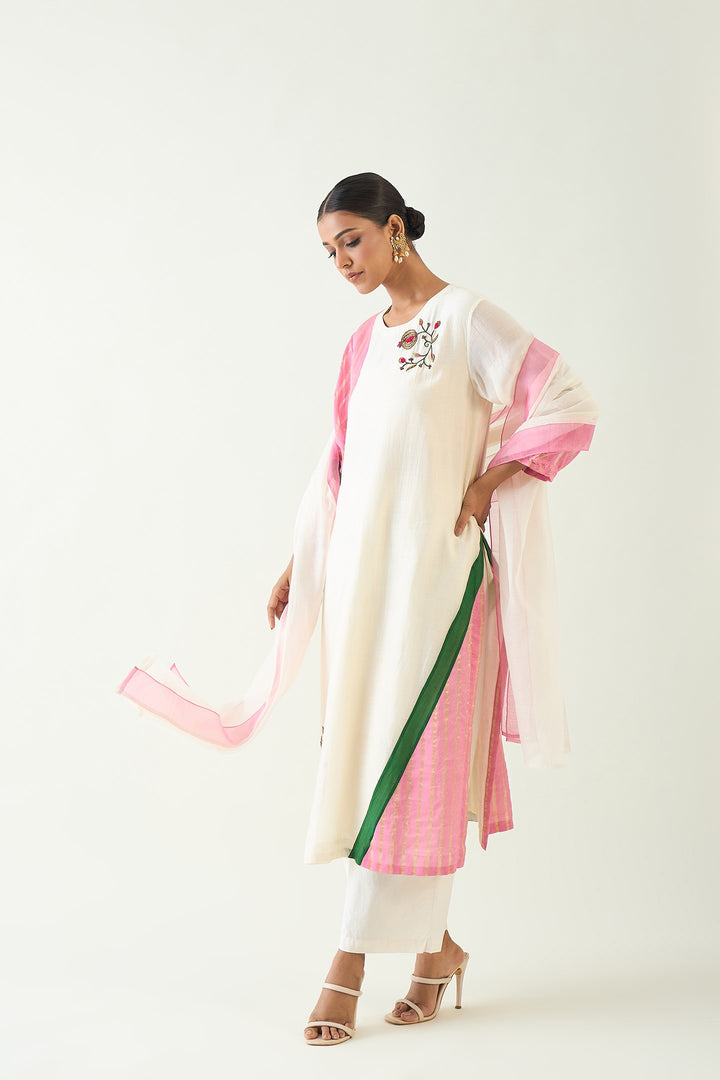 Mohini: Straight Cotton Silk Kurta - Ivory and Pink