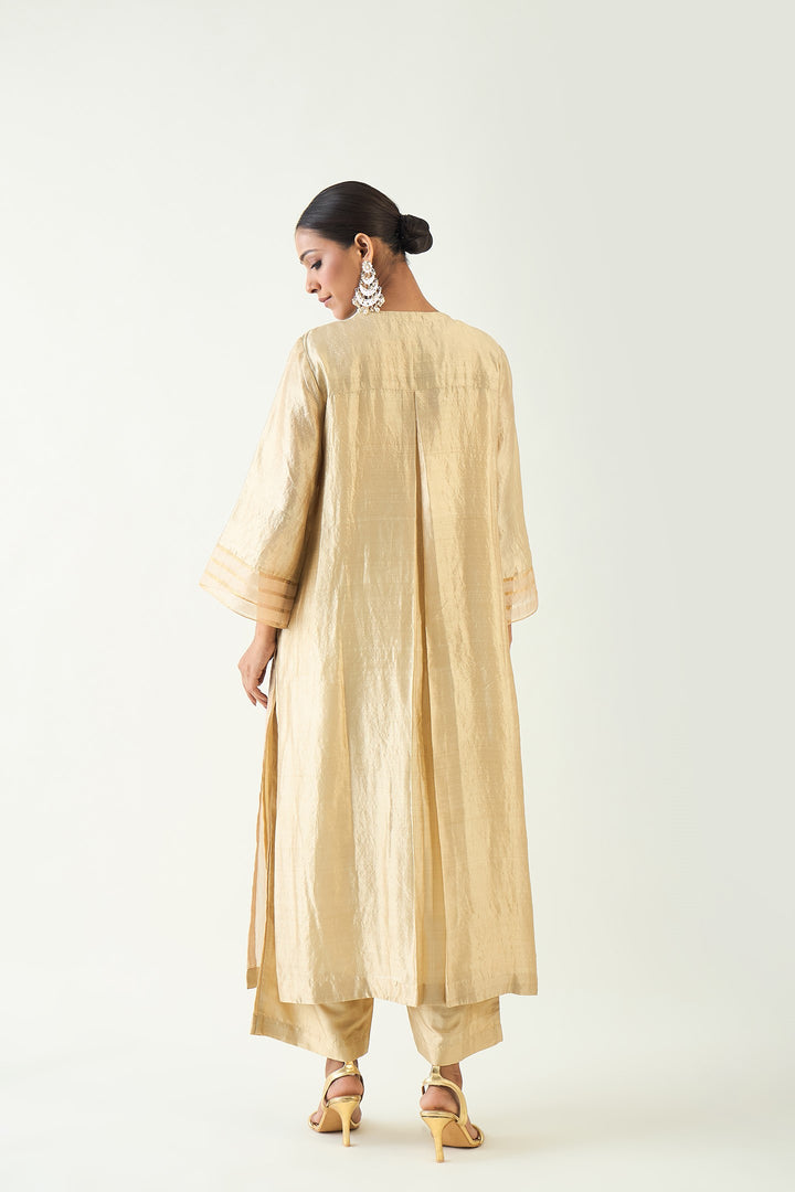 Kaya: Zari Stripe and SIlk Patch Kurta - Beige and Gold