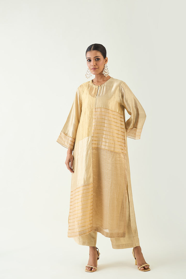 Kaya: Zari Stripe and SIlk Patch Kurta - Beige and Gold