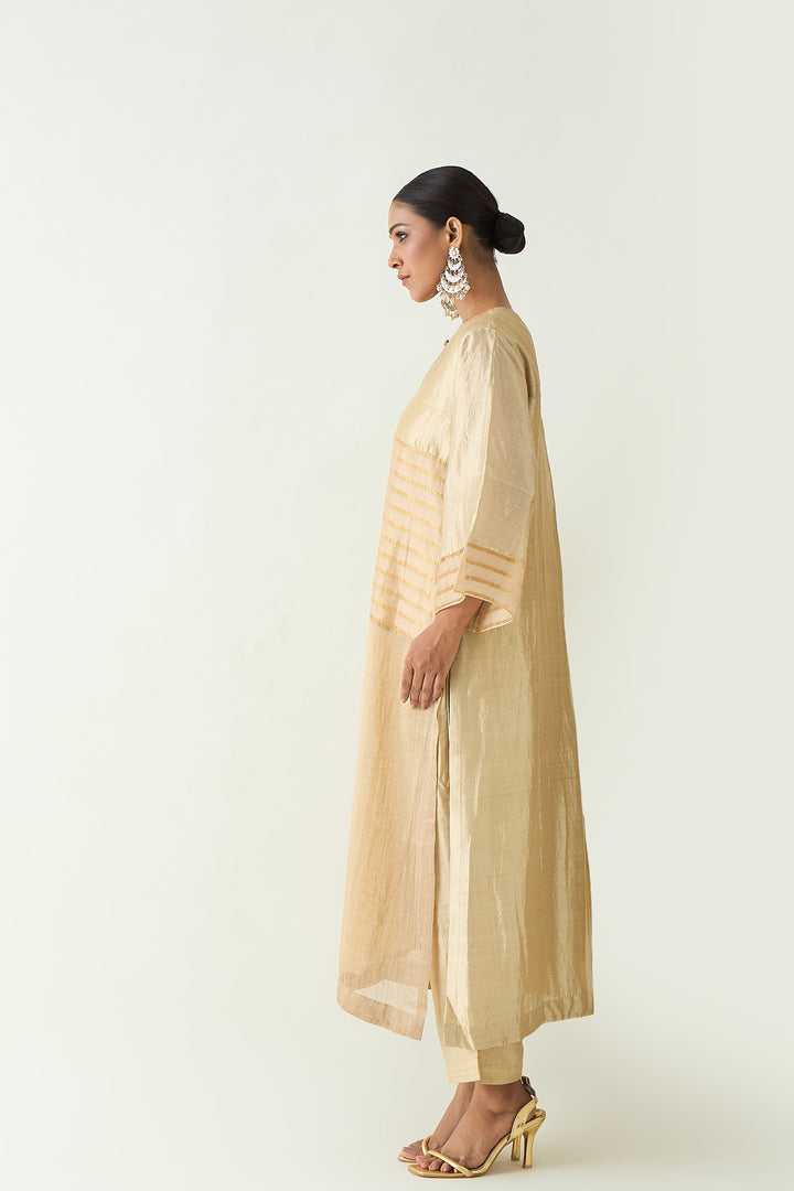 Kaya: Zari Stripe and SIlk Patch Kurta - Beige and Gold
