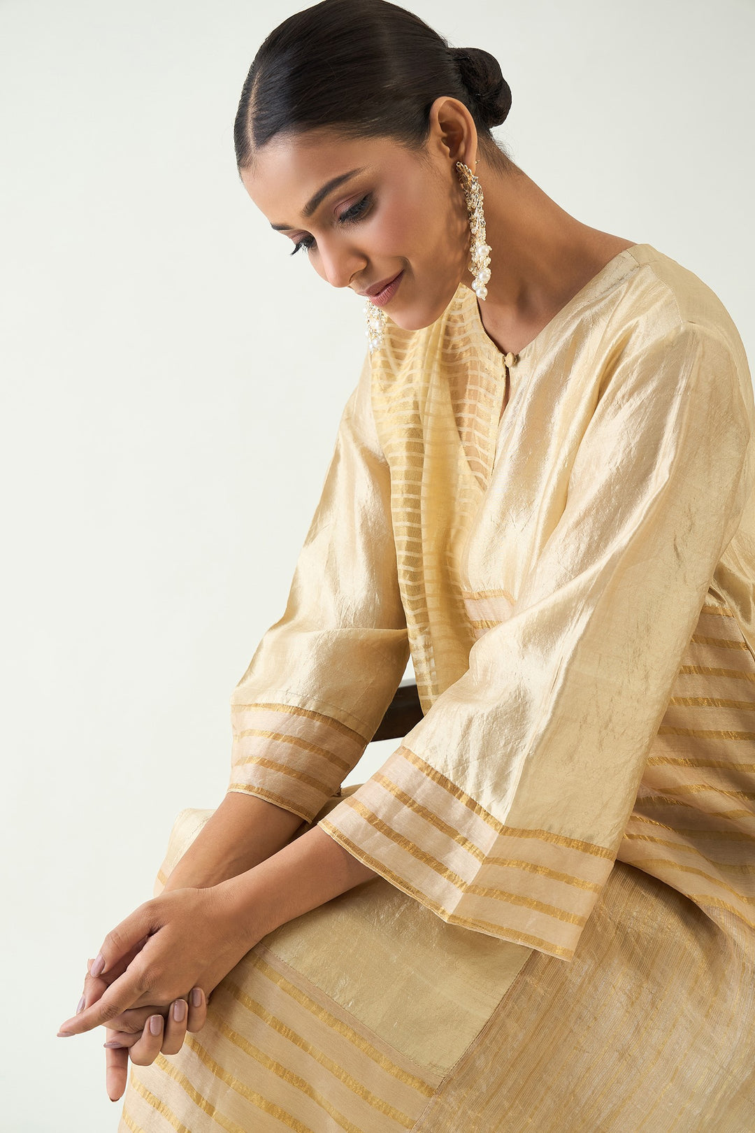 Kaya: Zari Stripe and SIlk Patch Kurta - Beige and Gold
