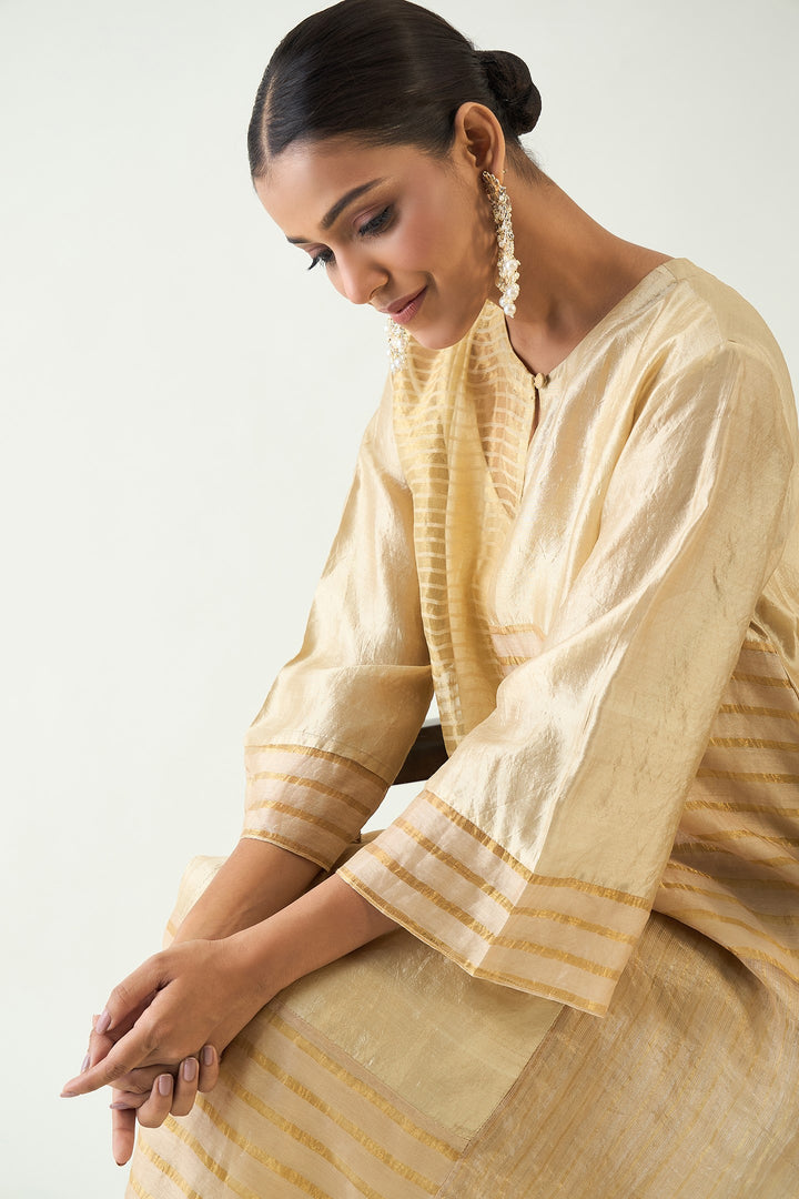 Kaya: Zari Stripe and SIlk Patch Kurta - Beige and Gold