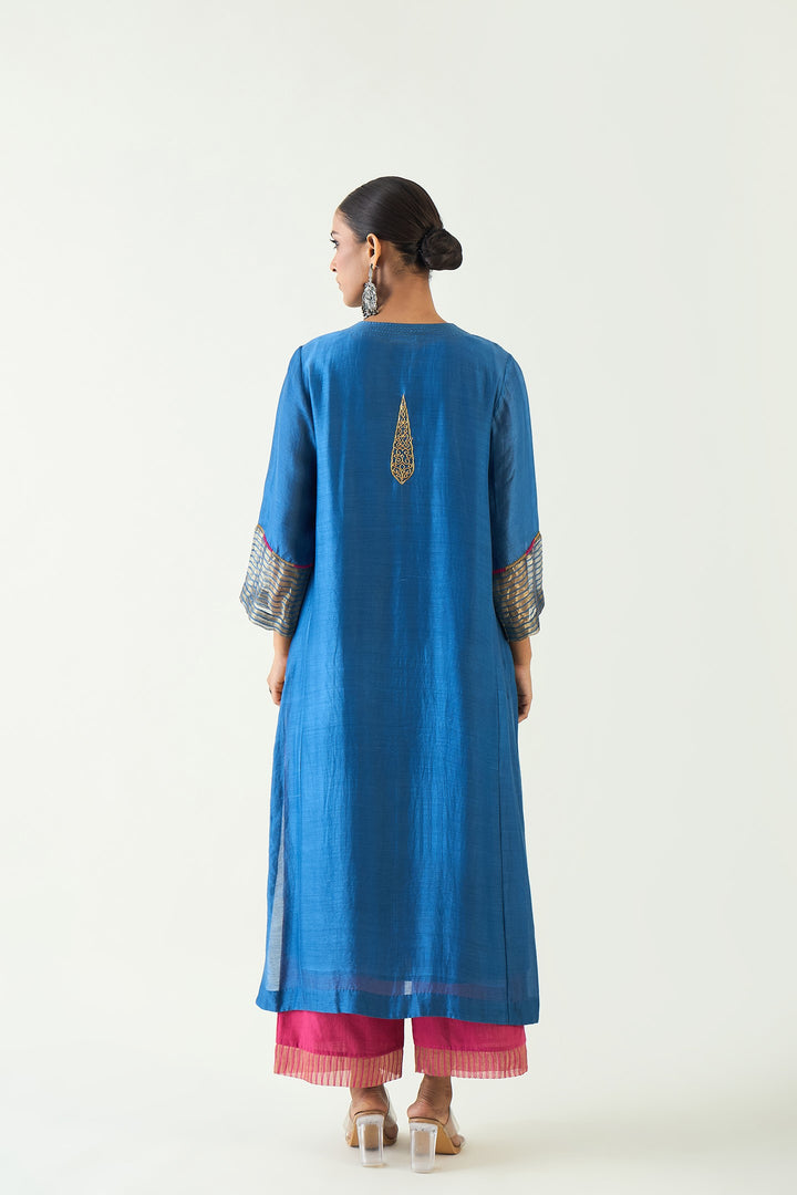 Leela: Cotton silk Cypress Choga - Blue and Pink