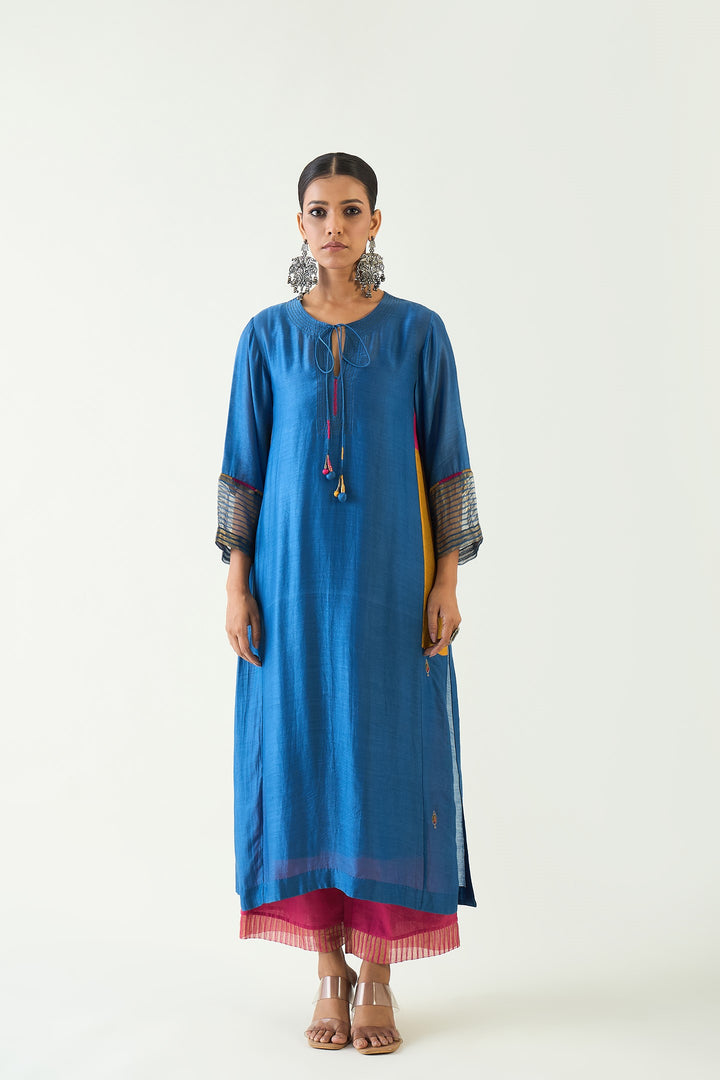 Leela: Cotton silk Cypress Choga - Blue and Pink