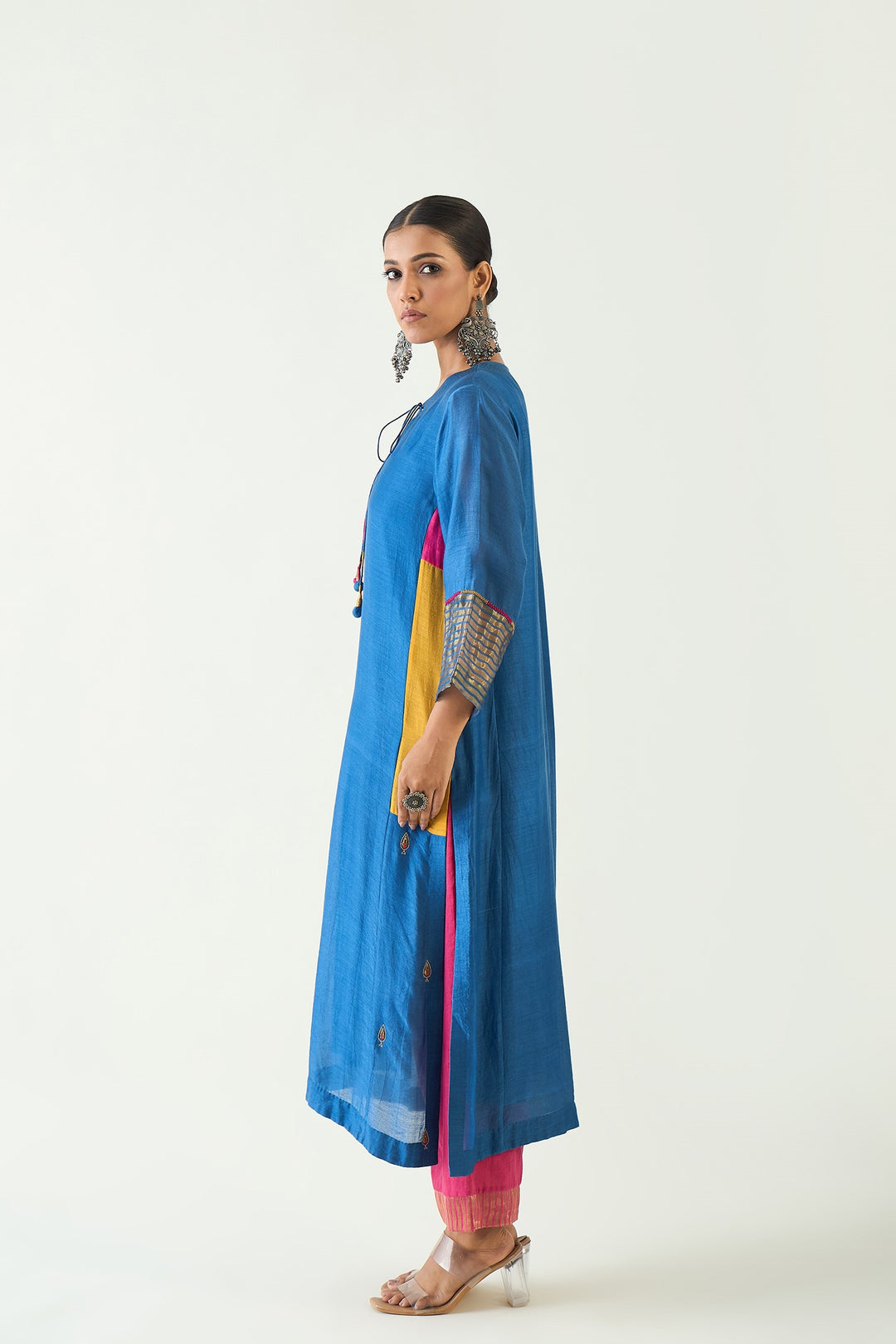 Leela: Cotton silk Cypress Choga - Blue and Pink
