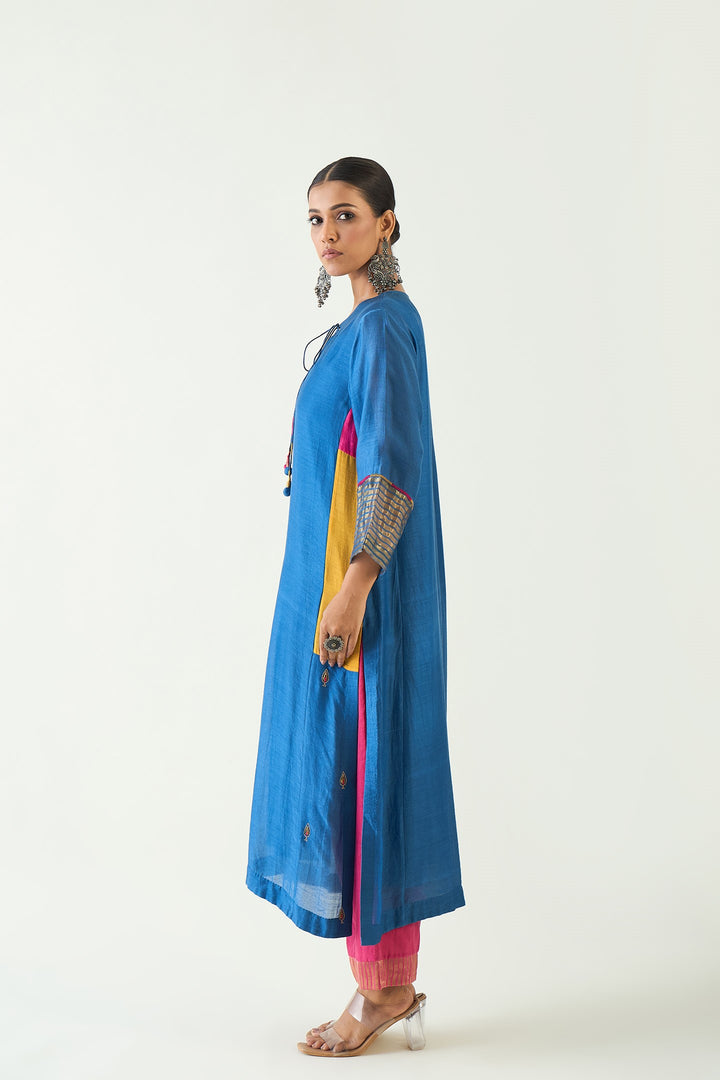Leela: Cotton silk Cypress Choga - Blue and Pink
