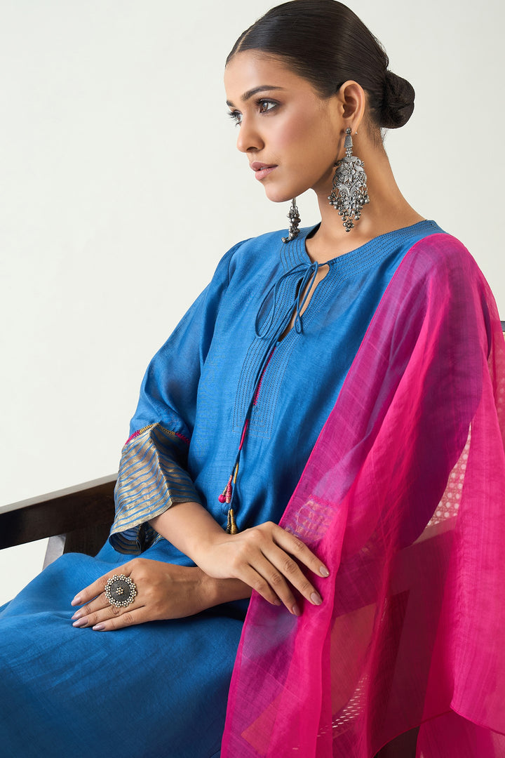 Leela: Cotton silk Cypress Choga - Blue and Pink