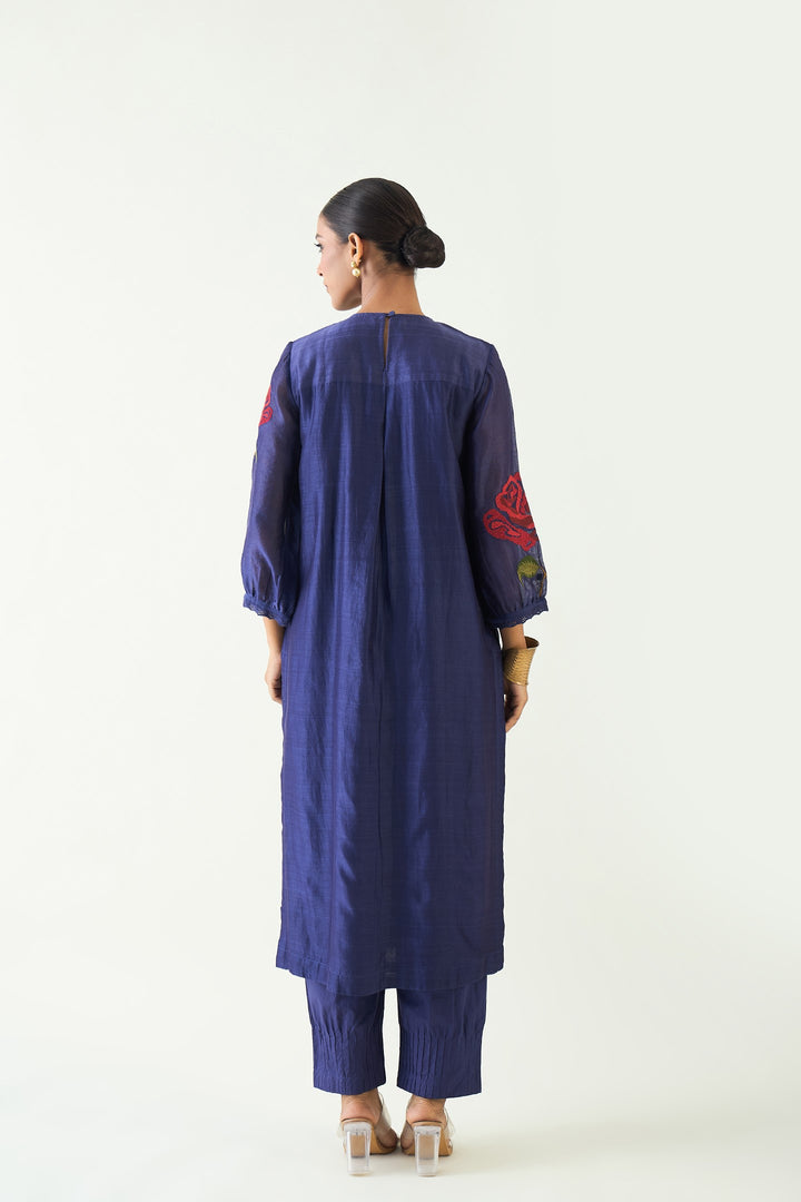ROYAL ROSE: PURPLE CHANDERI RED EMBROIDERY ROSE KURTA