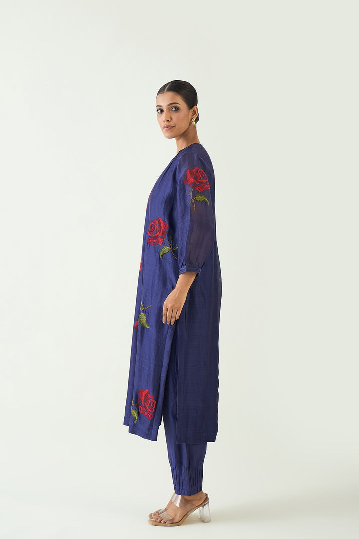 ROYAL ROSE: PURPLE CHANDERI RED EMBROIDERY ROSE KURTA