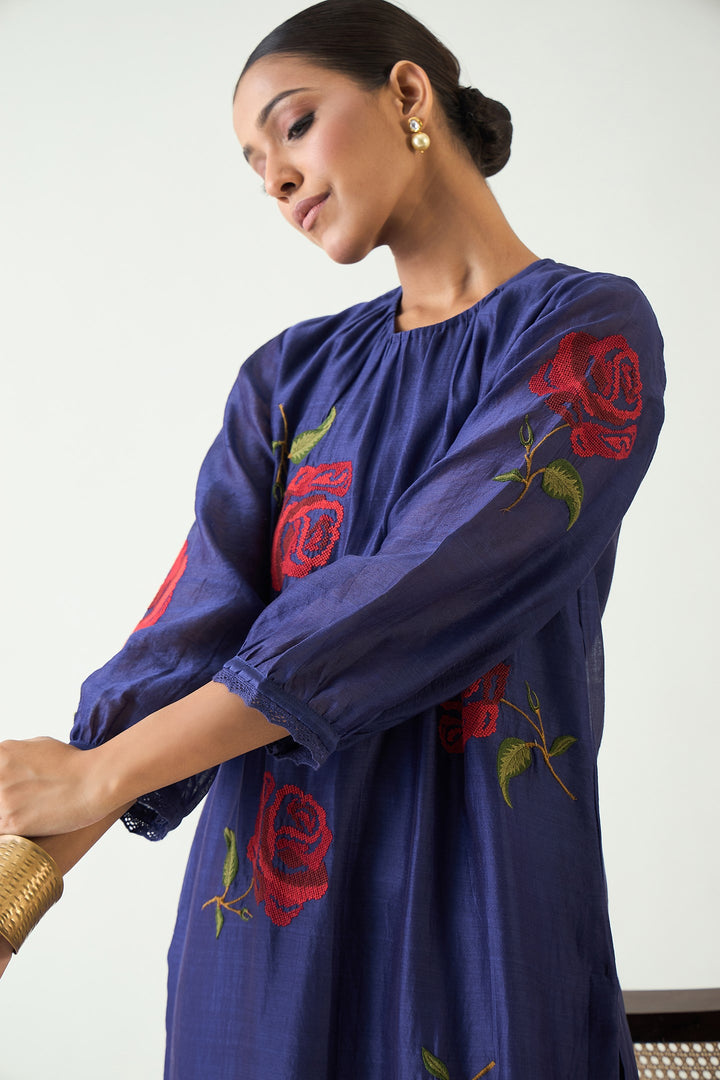ROYAL ROSE: PURPLE CHANDERI RED EMBROIDERY ROSE KURTA