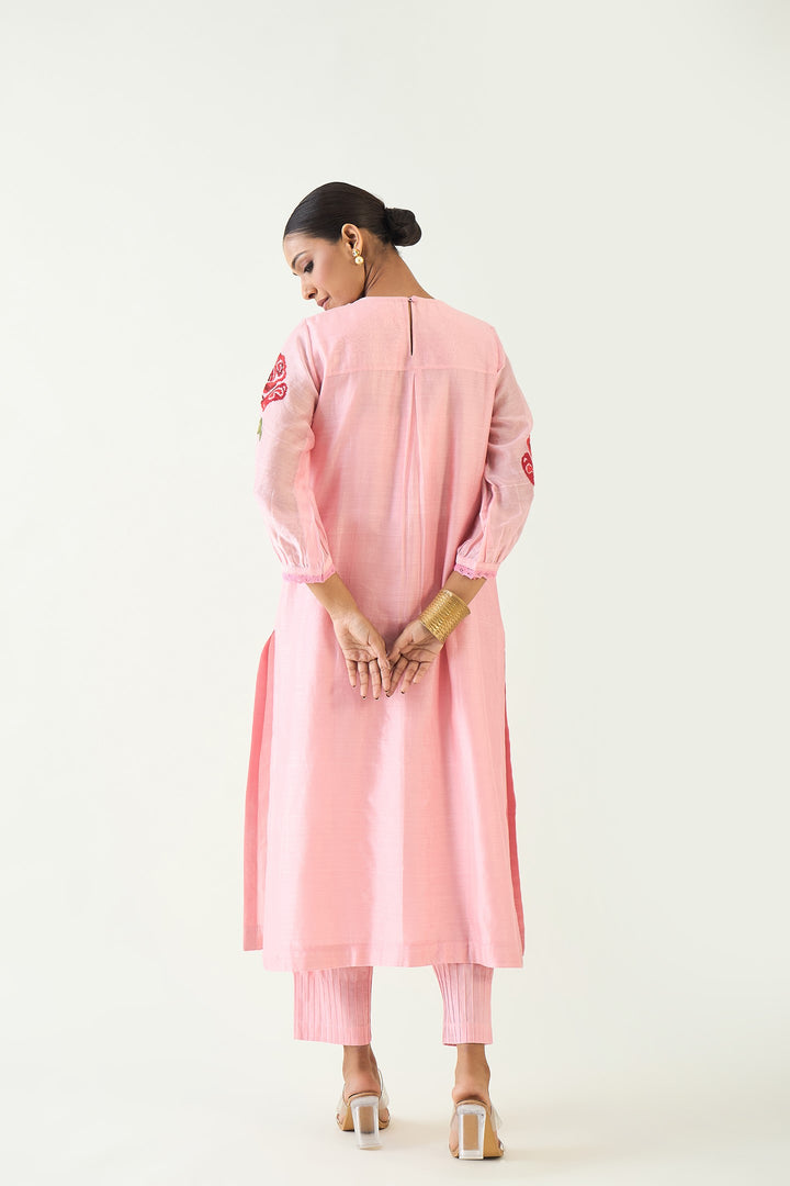 ROYAL ROSE: PINK CHANDERI RED EMBROIDERY ROSE KURTA WITH PINK PINTUCK PANTS