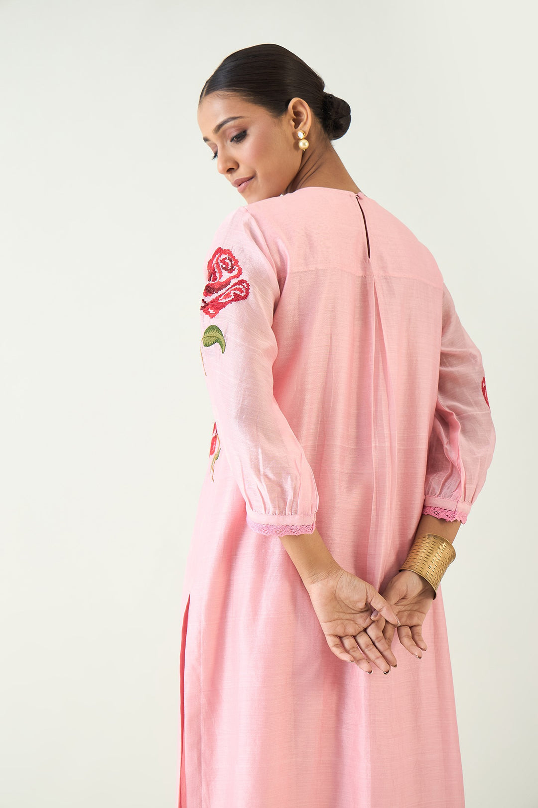 ROYAL ROSE: PINK CHANDERI RED EMBROIDERY ROSE KURTA WITH PINK PINTUCK PANTS