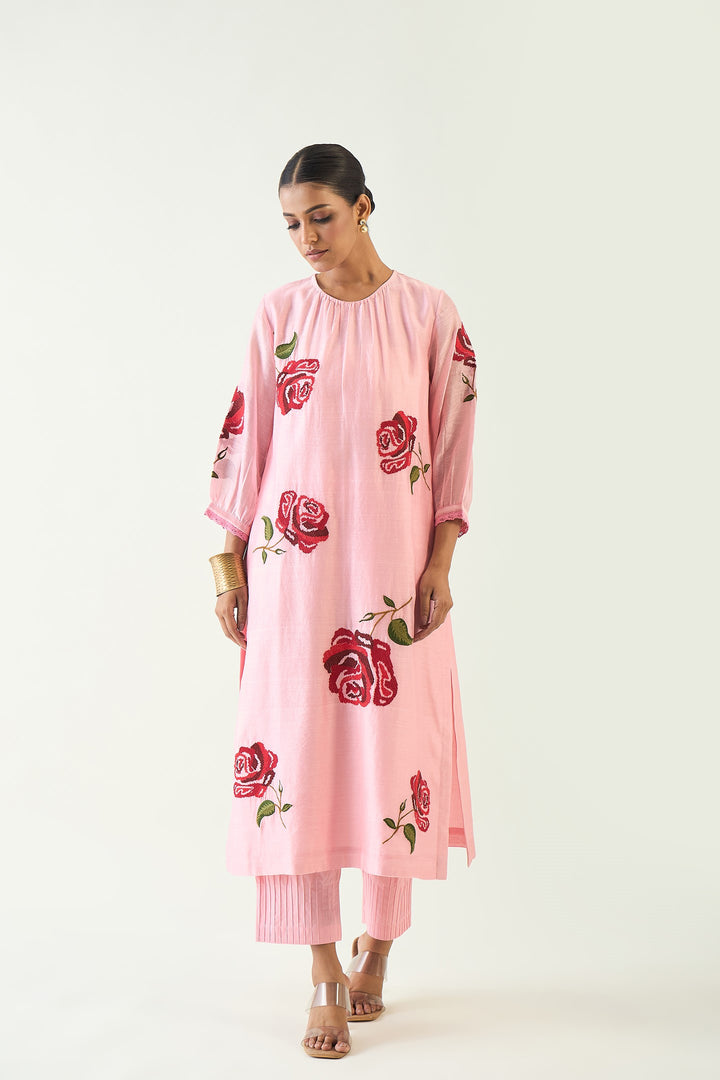 ROYAL ROSE: PINK CHANDERI RED EMBROIDERY ROSE KURTA WITH PINK PINTUCK PANTS