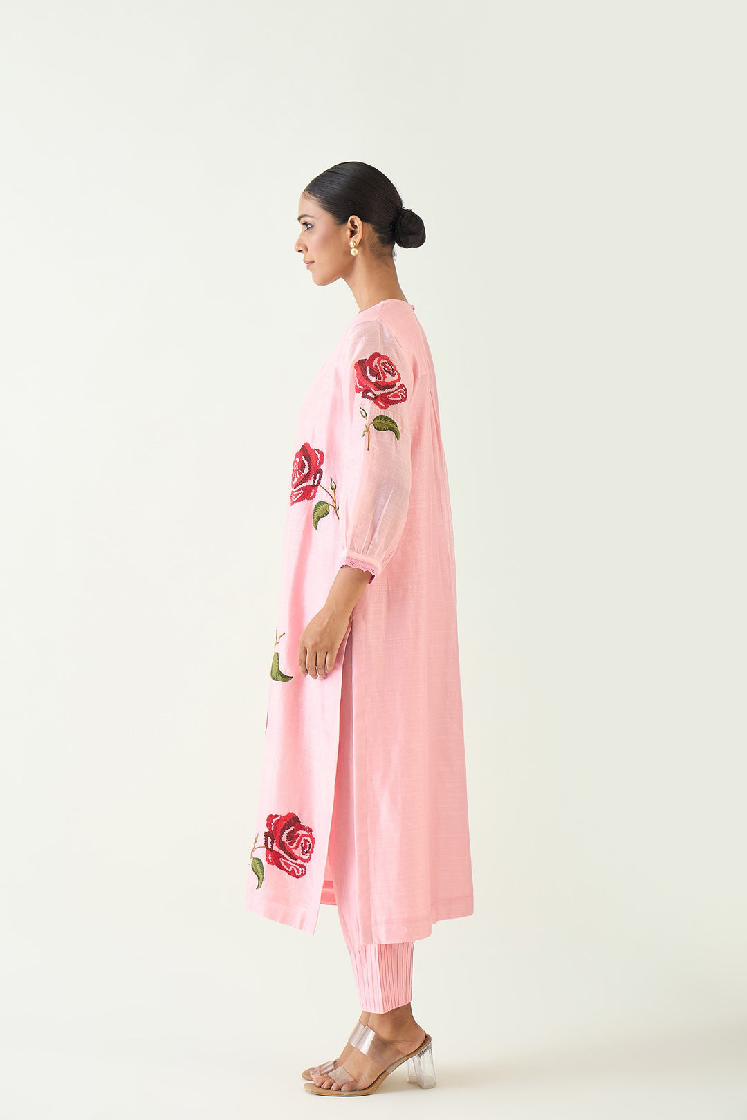 ROYAL ROSE: PINK CHANDERI RED EMBROIDERY ROSE KURTA WITH PINK PINTUCK PANTS