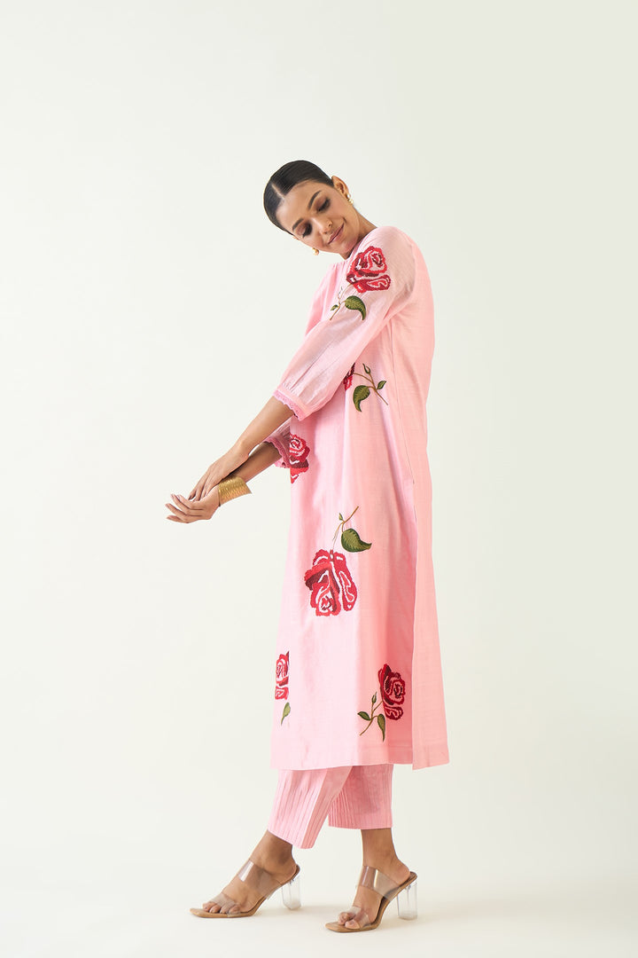 ROYAL ROSE: PINK CHANDERI RED EMBROIDERY ROSE KURTA WITH PINK PINTUCK PANTS