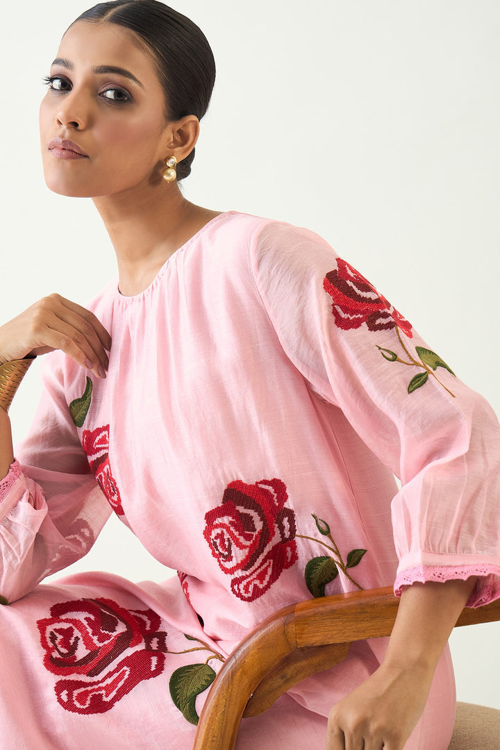 ROYAL ROSE: PINK CHANDERI RED EMBROIDERY ROSE KURTA WITH PINK PINTUCK PANTS