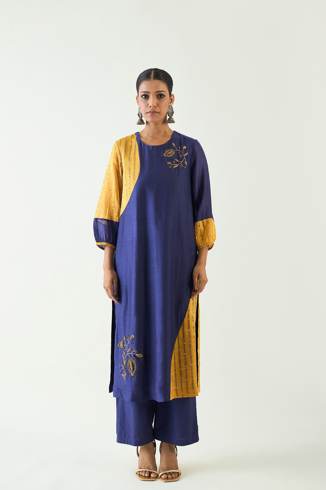 Mohini: Straight Cotton Silk Kurta - Purple and Mustard